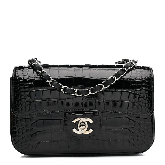 Shiny Alligator Mini Rectangular Flap Black