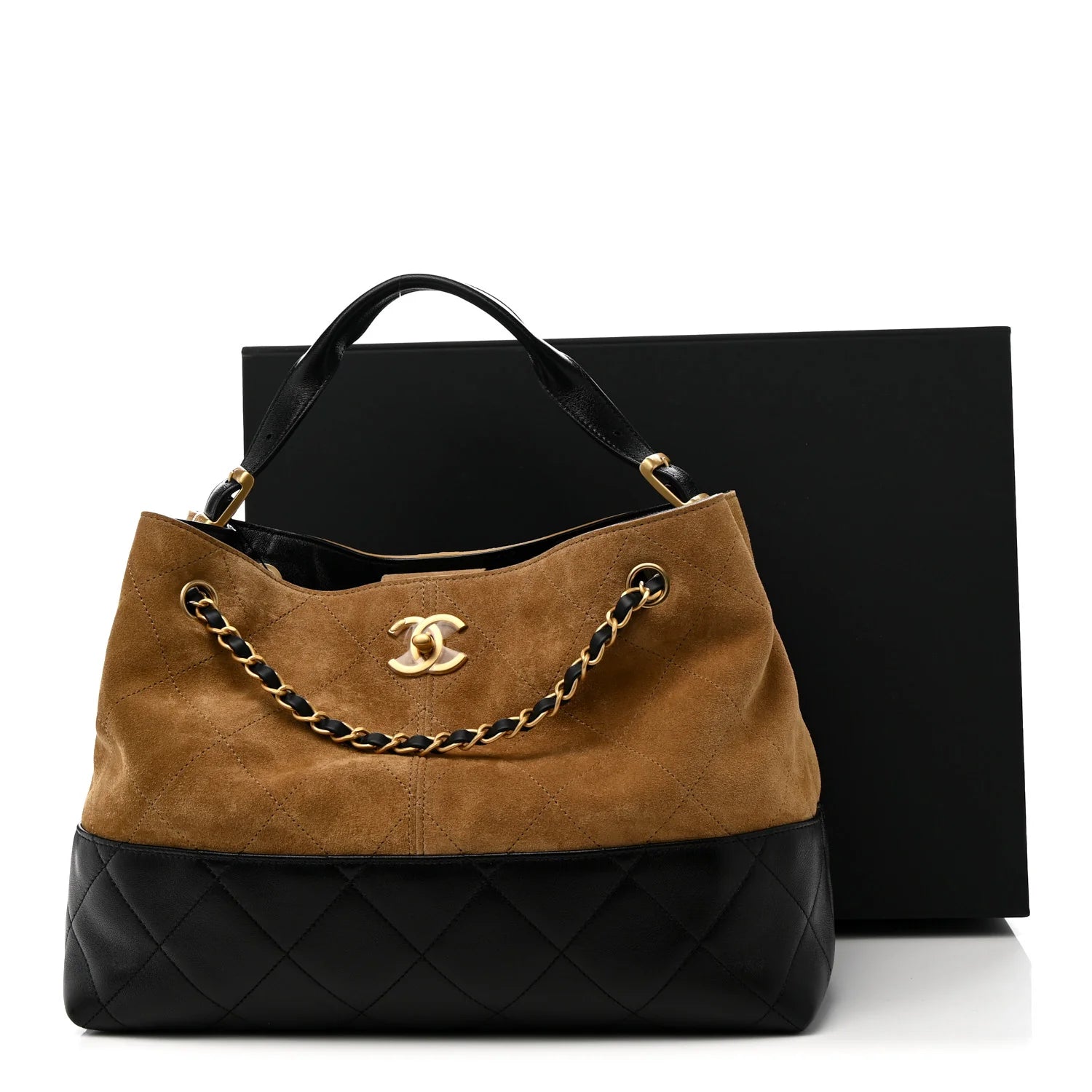 Suede Calfskin Shiny Lambskin Quilted Large Shopping Bag Beige Black