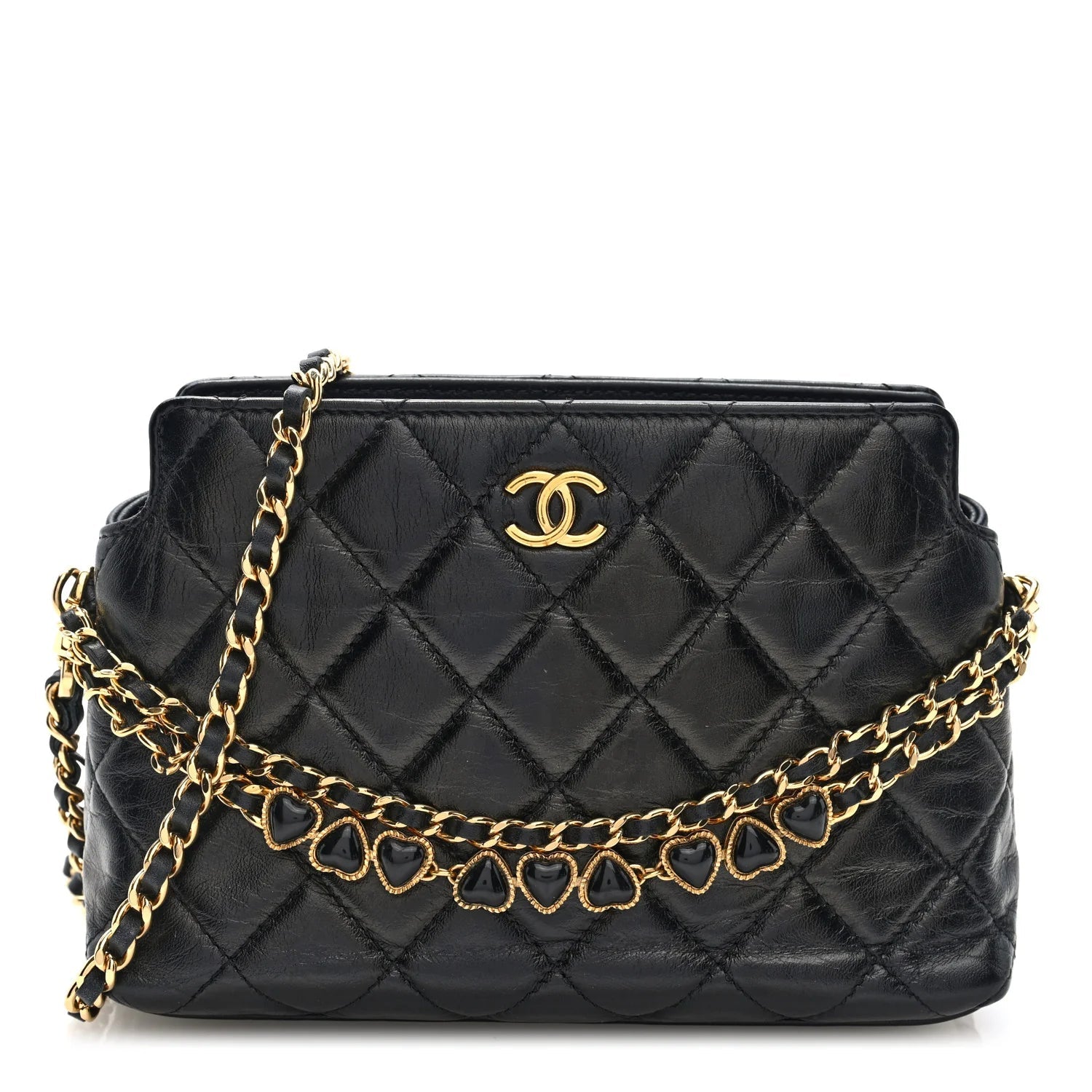 Shiny Crumpled Calfskin Quilted Clutch with Chain Black