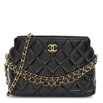 Shiny Crumpled Calfskin Quilted Clutch with Chain Black