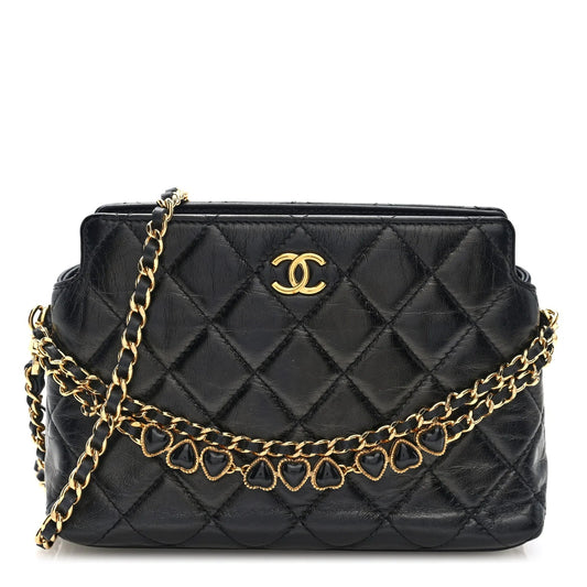 Shiny Crumpled Calfskin Quilted Clutch with Chain Black