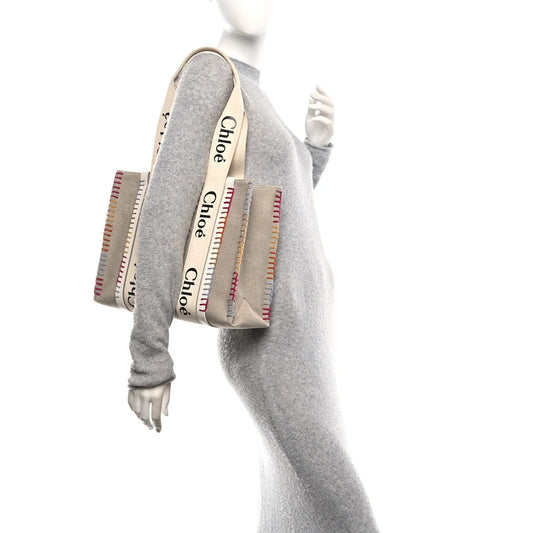 Linen Canvas Calfskin Blanket Stitched Medium Woody Ribbon Tote White Multicolor