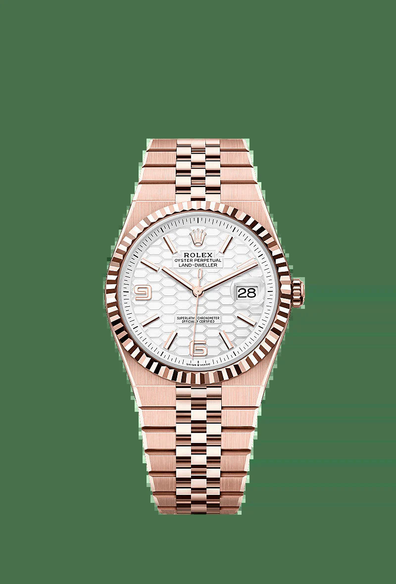 Unworn 2025,  Land-Dweller 40, 18K Everose Gold, Intense White Dial, Fluted Flat Jubilee, Ref# 127335-0001, Box and Papers