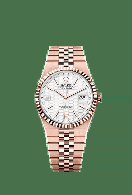 Unworn 2025,  Land-Dweller 40, 18K Everose Gold, Intense White Dial, Fluted Flat Jubilee, Ref# 127335-0001, Box and Papers