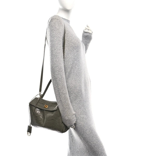 Shiny Calfskin Crocodile Embossed Small Rodeo Top Handle Handbag Army Green