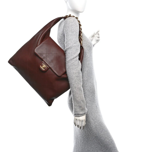 Shiny Calfskin Quilted Maxi Chain Hobo Dark Brown