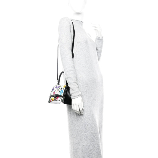 X GUCCI Canvas Boarded Plutone Calfskin Flora Logo Print Small Hourglass Top Handle Bag White Multicolor Black