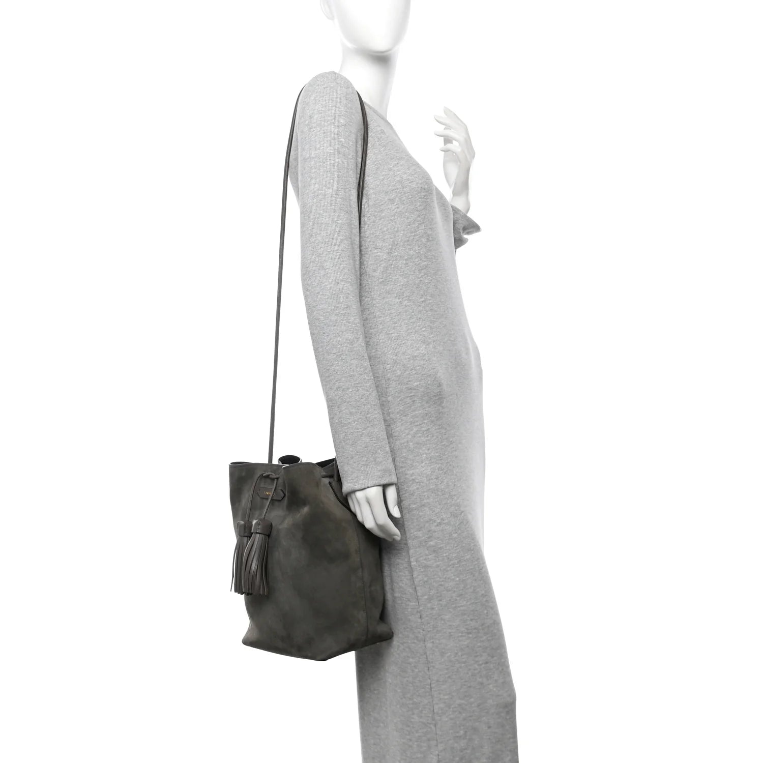 Suede Medium Double Tassel Bucket Bag Graphite