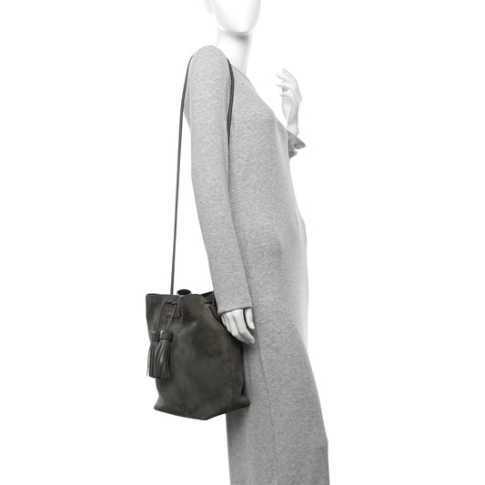 Suede Medium Double Tassel Bucket Bag Graphite