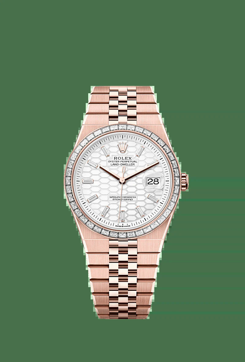 Unworn 2025,  Land-Dweller 40, 18K Everose Gold and Diamonds, Intense White Dial, Flat Jubilee, Ref# 127385Tbr-0003, Box and Papers