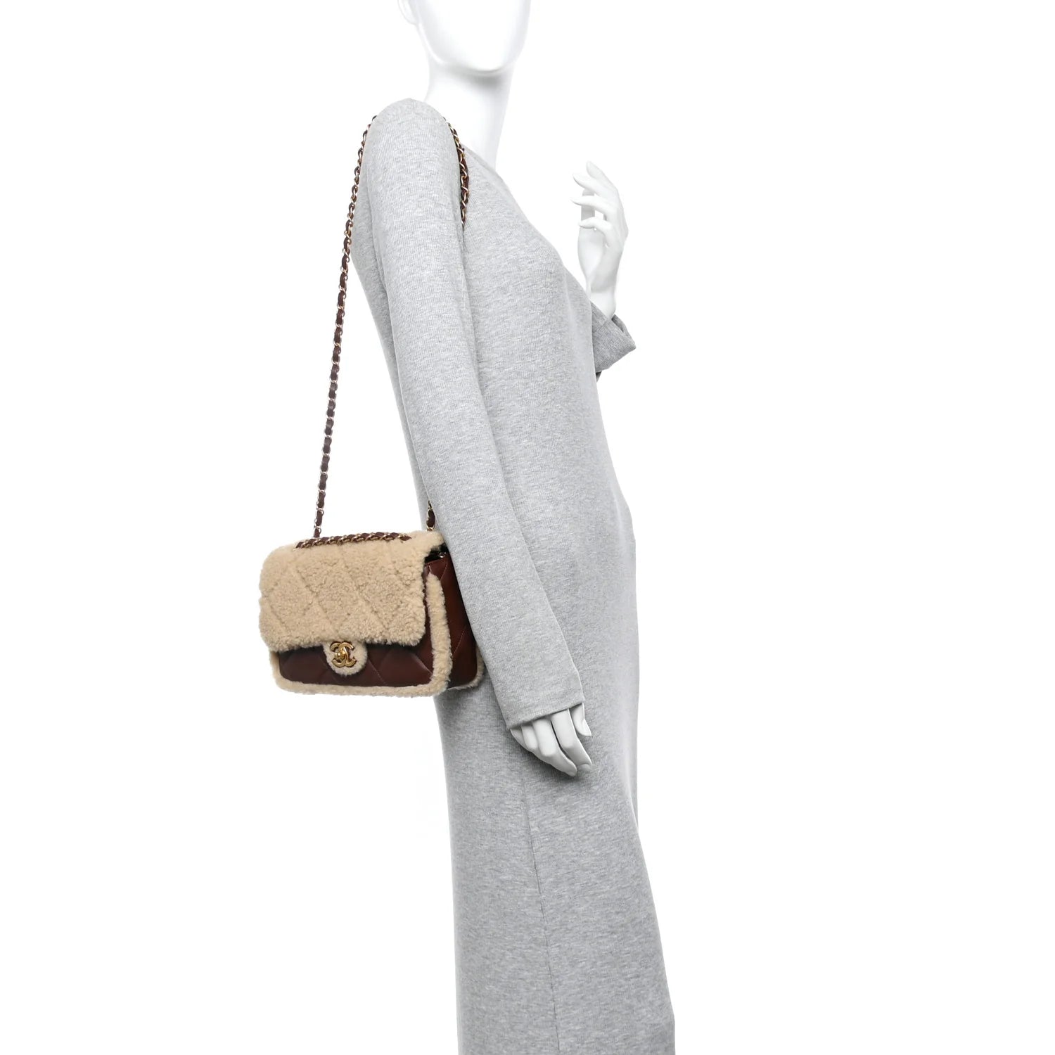 Shearling Lambskin Quilted Furry Coco Flap Dark Brown Beige