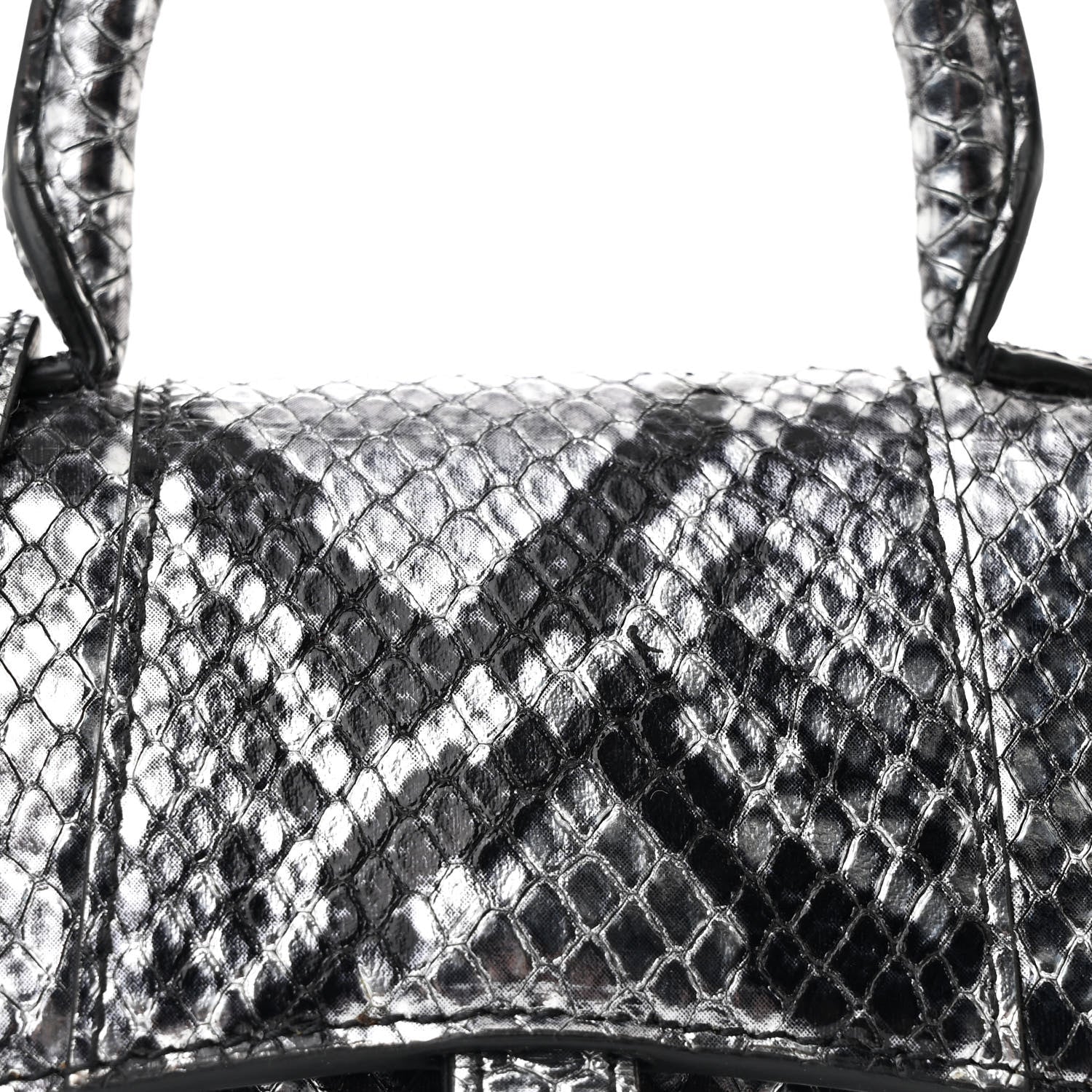 Shiny Calfskin Snakeskin Effect Hourglass Top Handle Bag Mini Silver Black