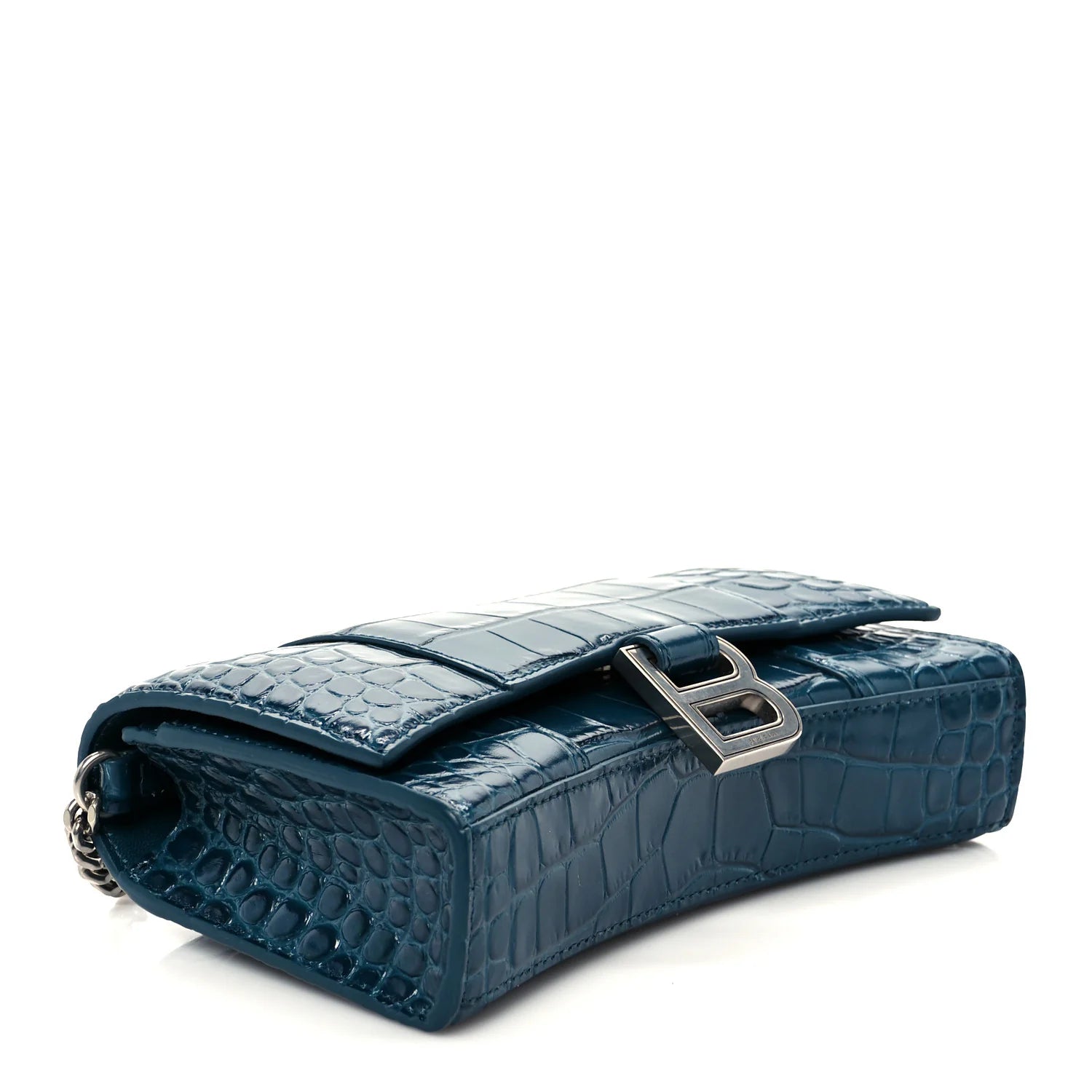 Shiny Calfskin Crocodile Embossed Hourglass Chain Bag Forest Green