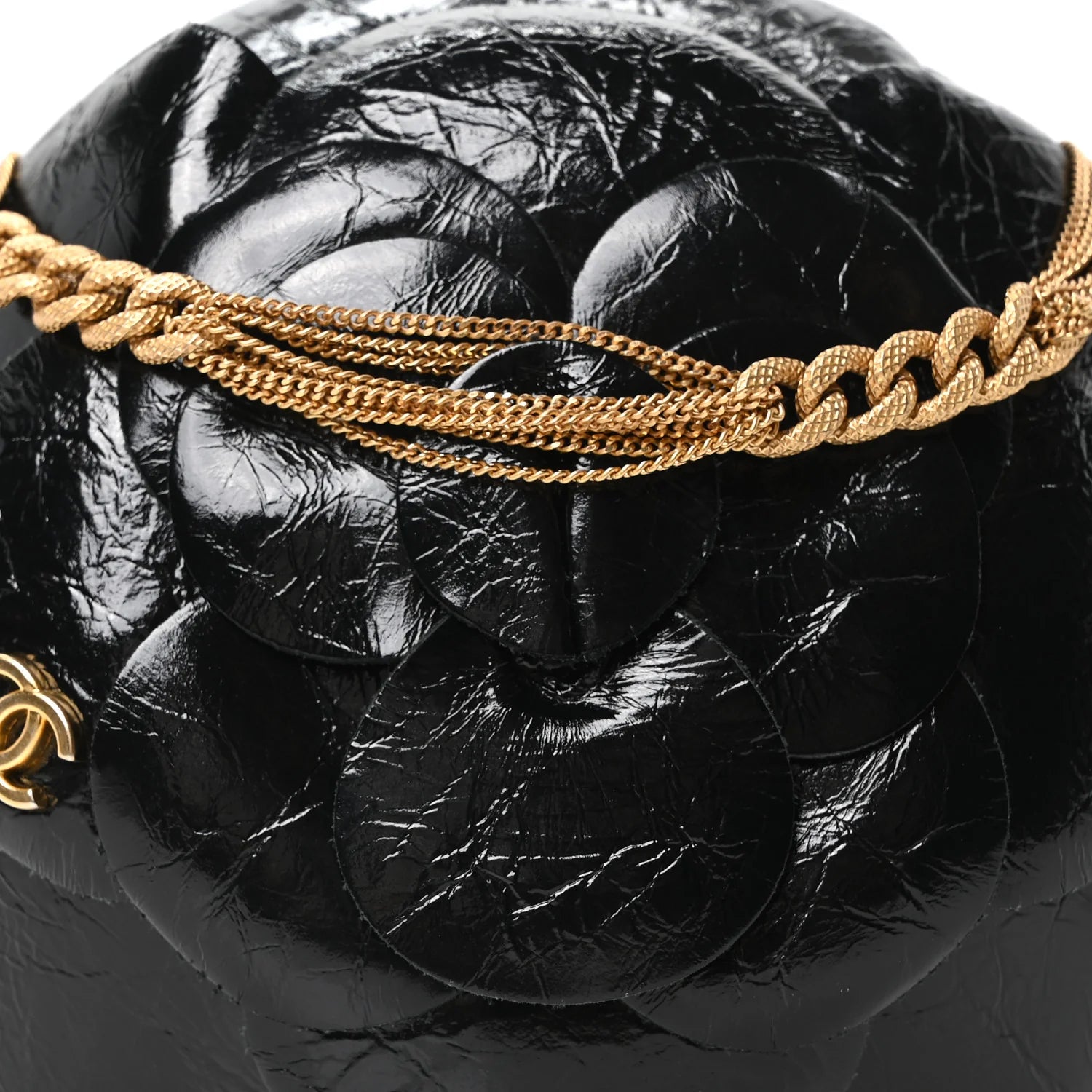 Patent Lambskin Camellia Bouquet Clutch with Chain Black