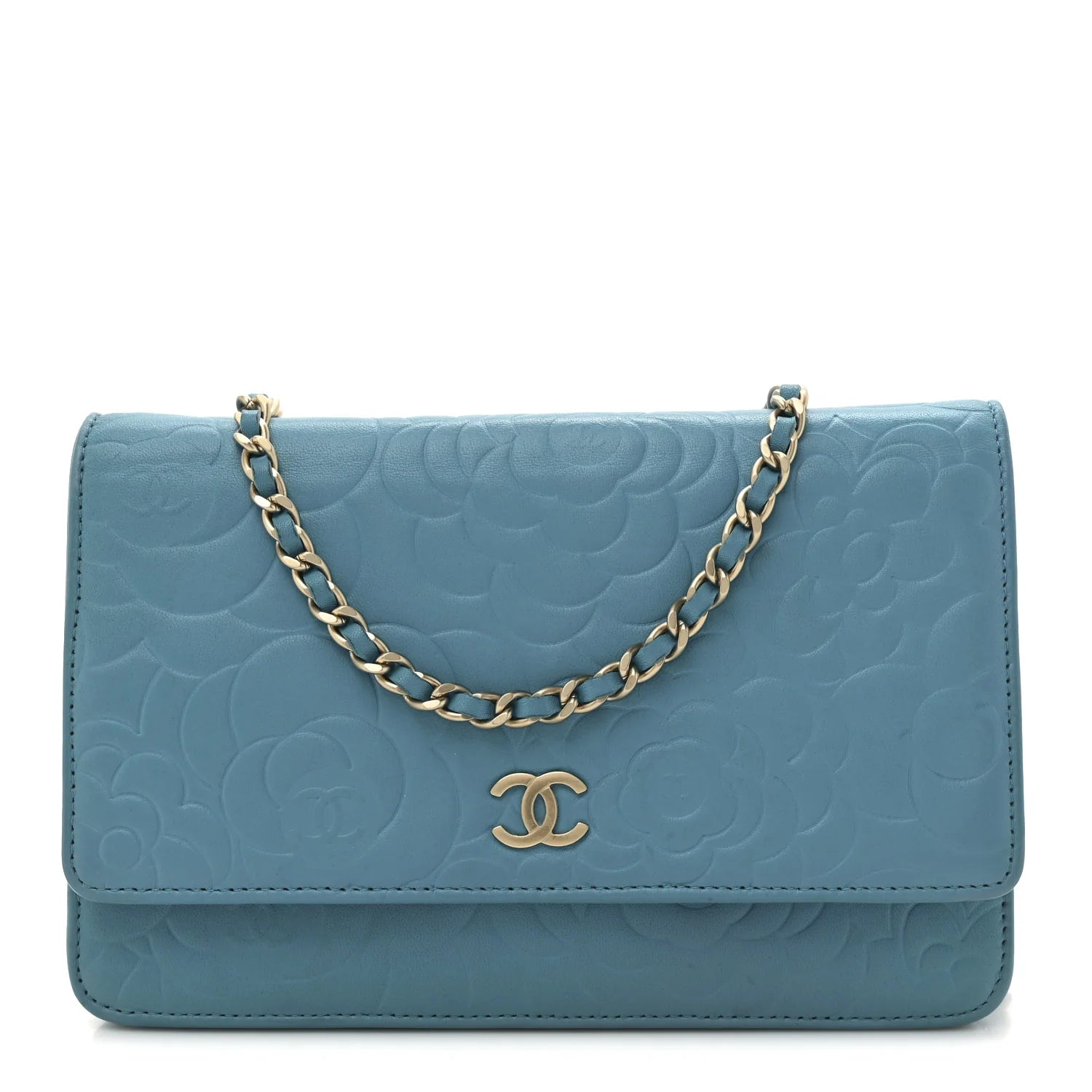 Lambskin Camellia Embossed Wallet on Chain WOC Turquoise
