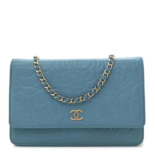 Lambskin Camellia Embossed Wallet on Chain WOC Turquoise