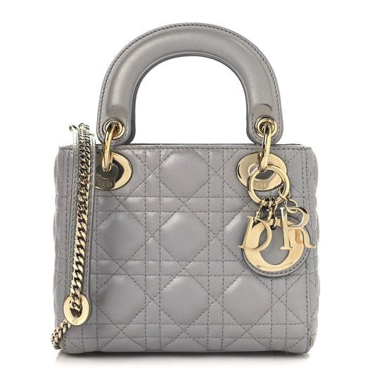 Metallic Lambskin Cannage Mini Lady Dior Grey