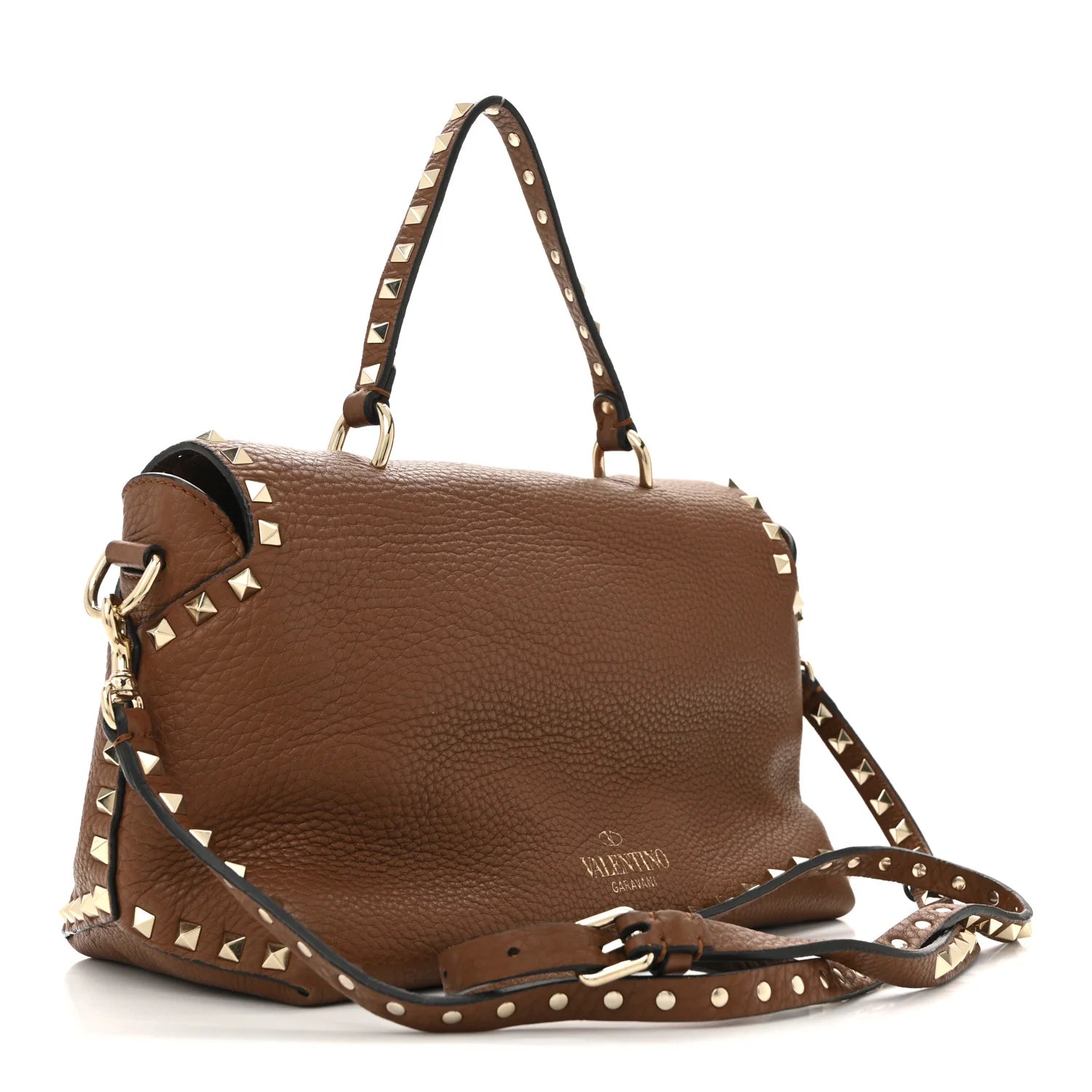 Pebbled Calfskin Medium Rockstud Top Handle Shoulder Bag Cognac