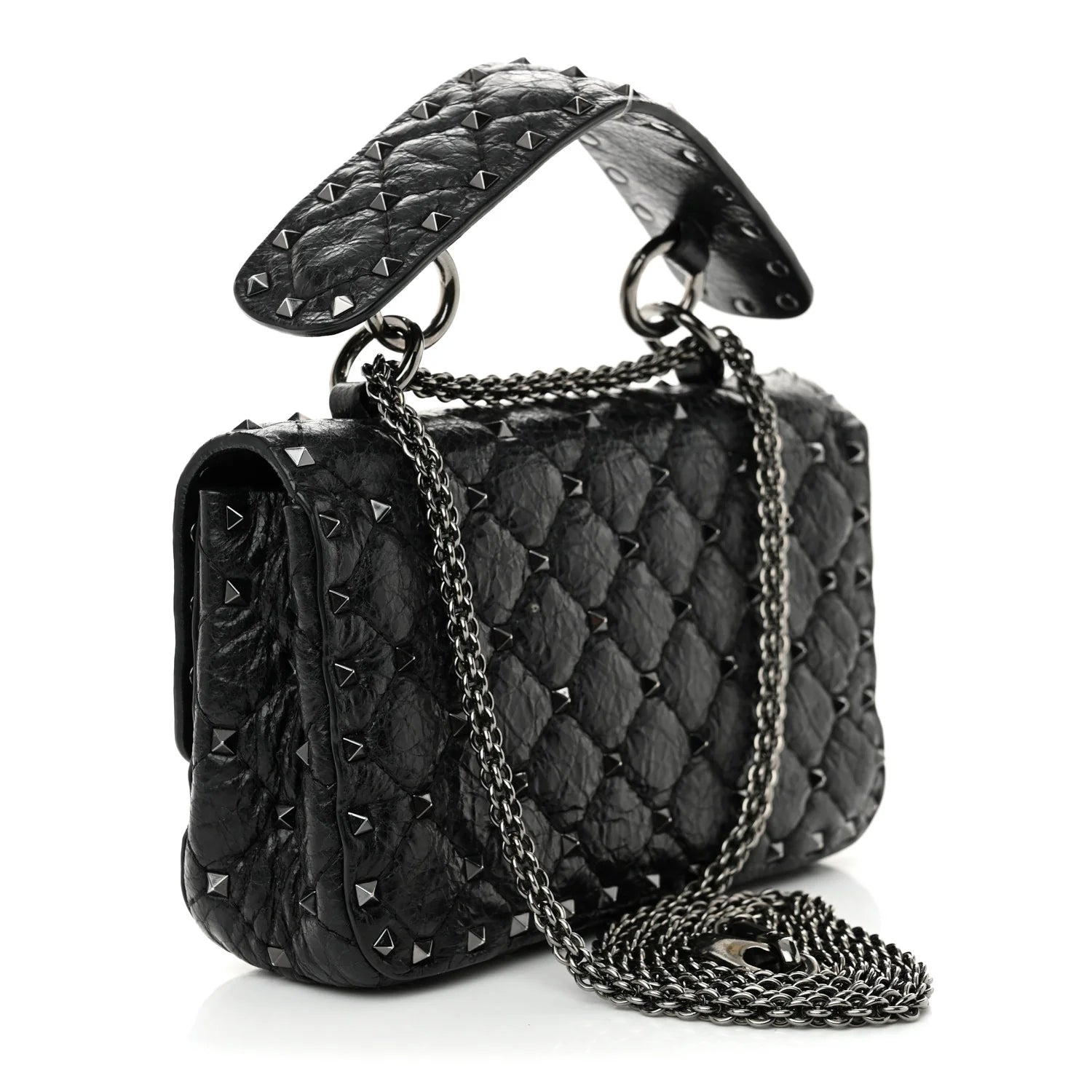 Craquele Nappa Small Rockstud Spike Shoulder Bag Black