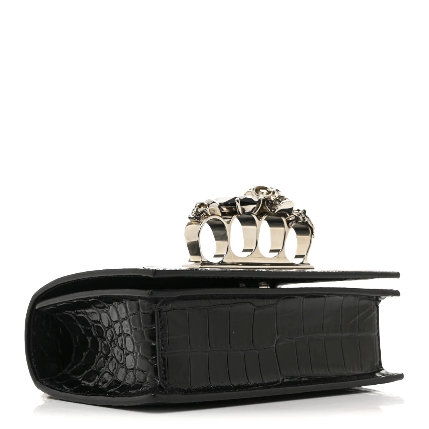 Shiny Calfskin Crocodile Embossed Mini Jeweled Satchel Black