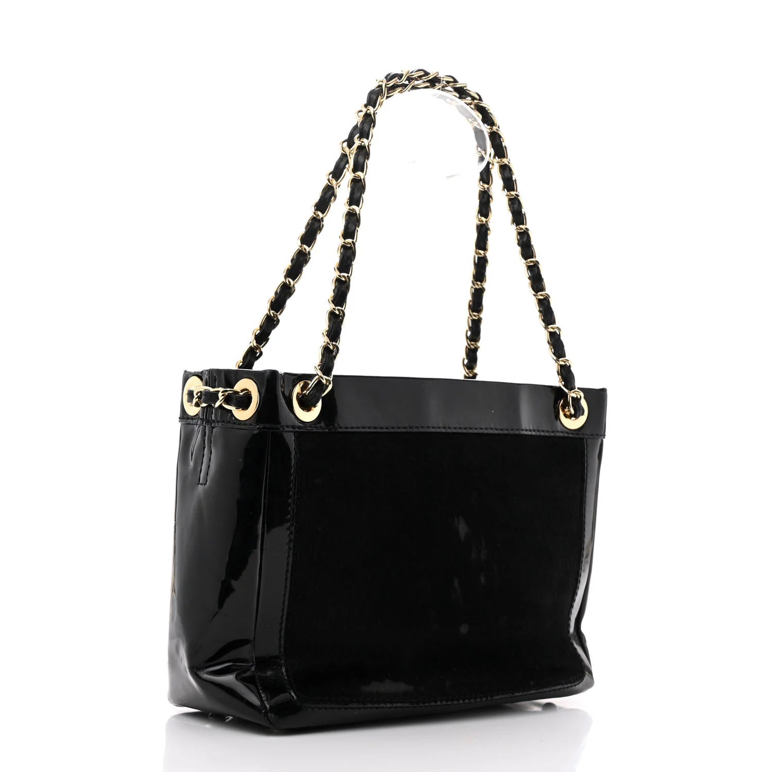 Patent Pony Hair Small Pocket Tote Black