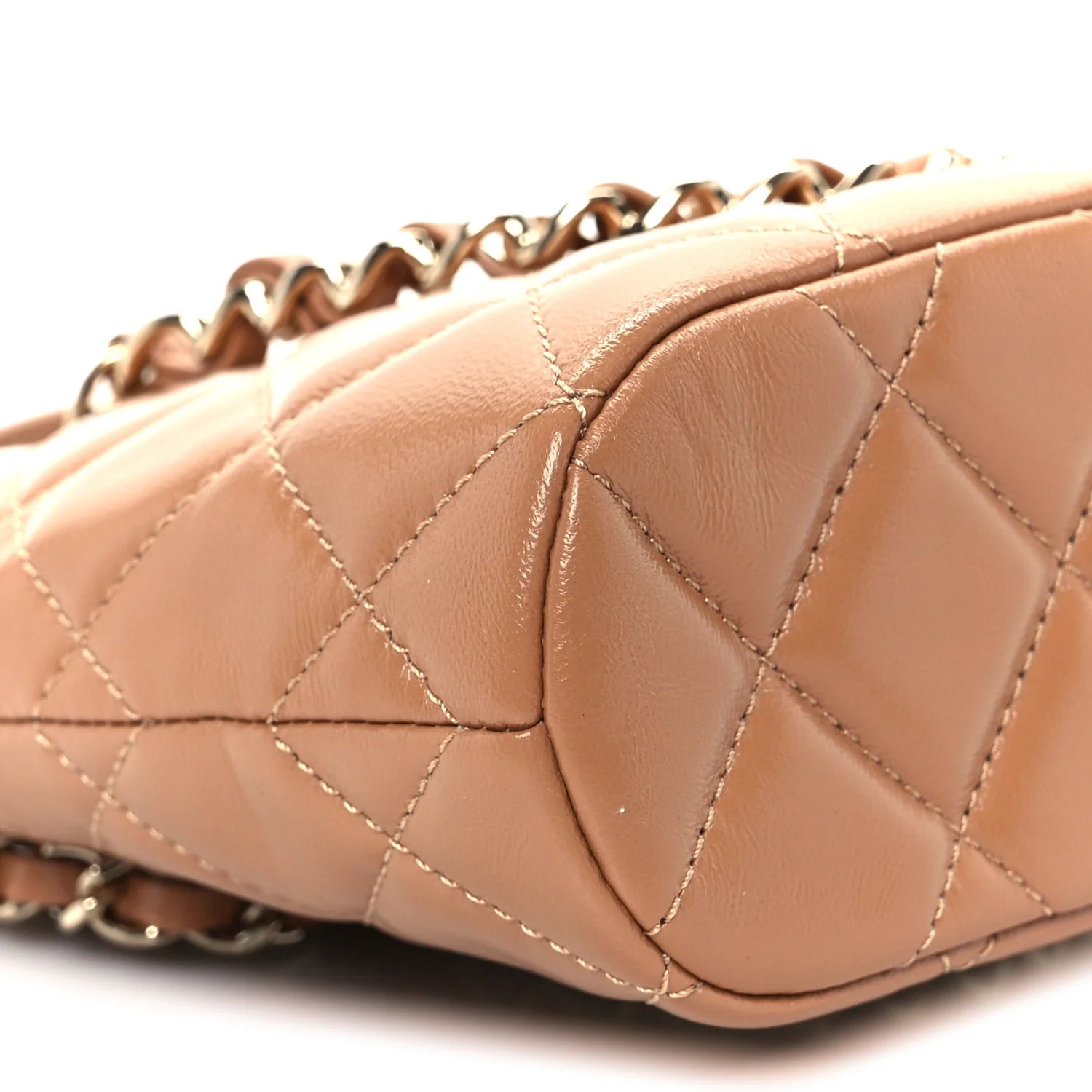 Shiny Lambskin Quilted Shiny Coco Clutch with Chain Dark Beige