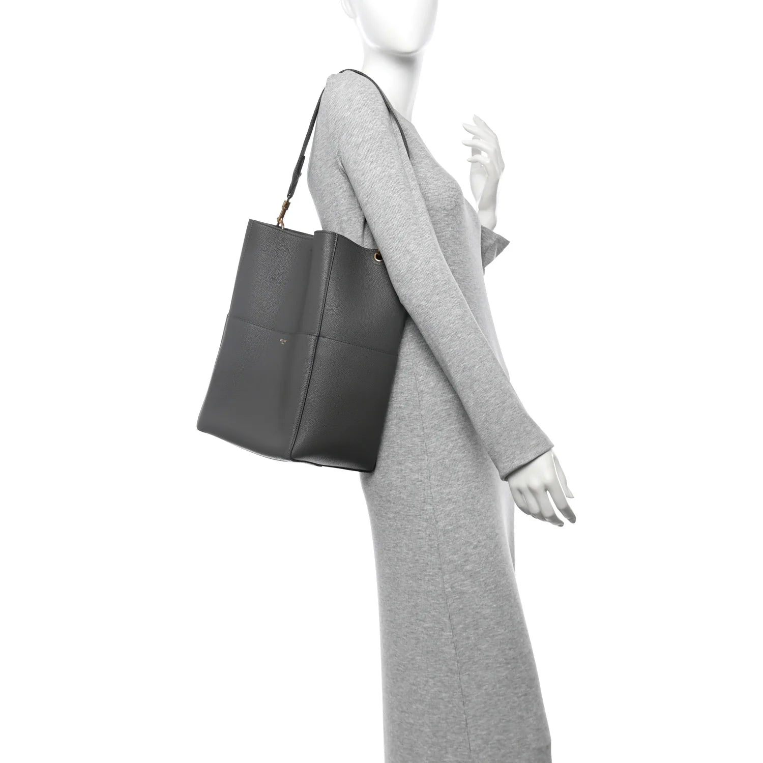 Soft Grained Calfskin Sangle Bucket Bag Grey