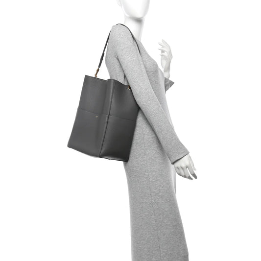 Soft Grained Calfskin Sangle Bucket Bag Grey