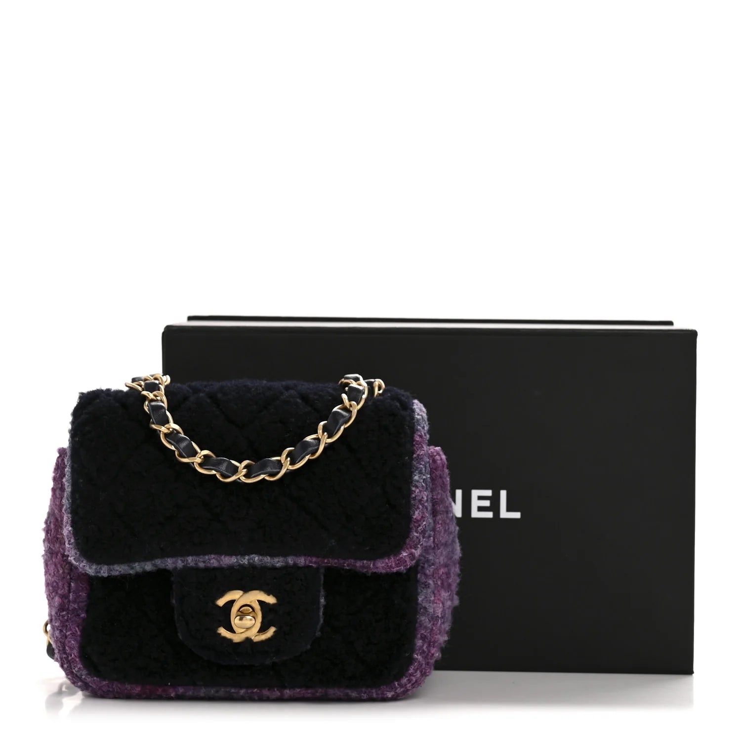 Shearling Tweed Quilted Mini Square Flap Bag Purple