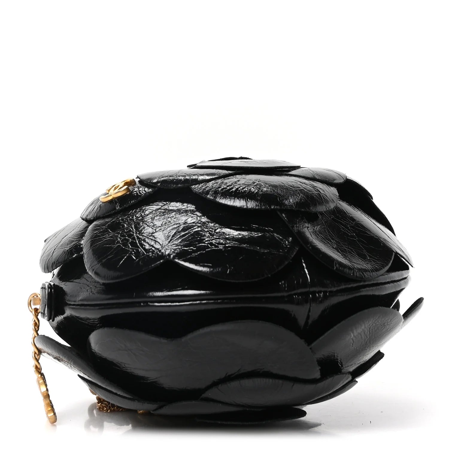 Patent Lambskin Camellia Bouquet Clutch with Chain Black