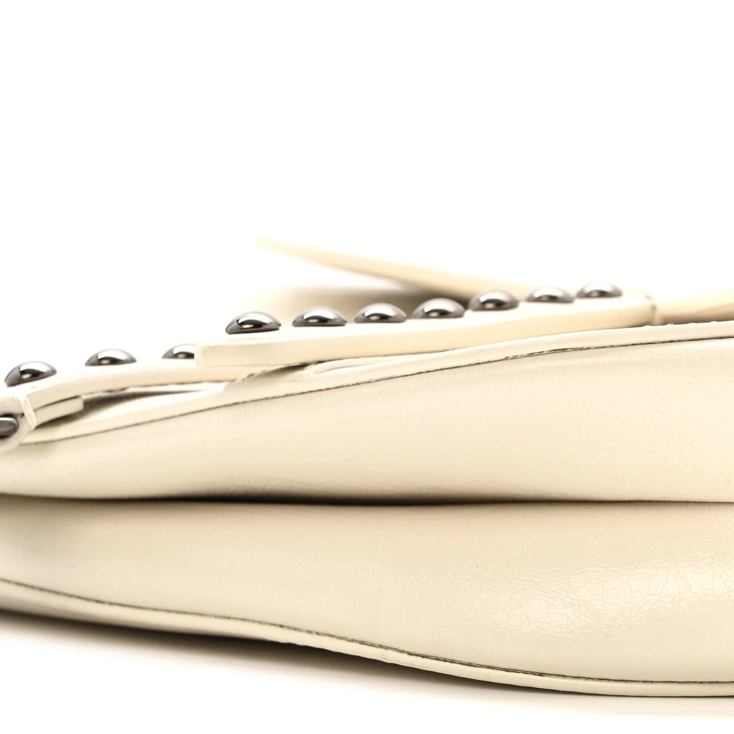 Crinkled Patent Lambskin Studded Saddle Bag with Strap Latte