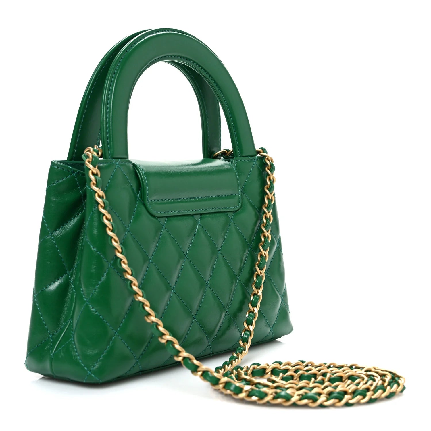 Shiny Aged Calfskin Quilted Nano Kelly Shopper Green