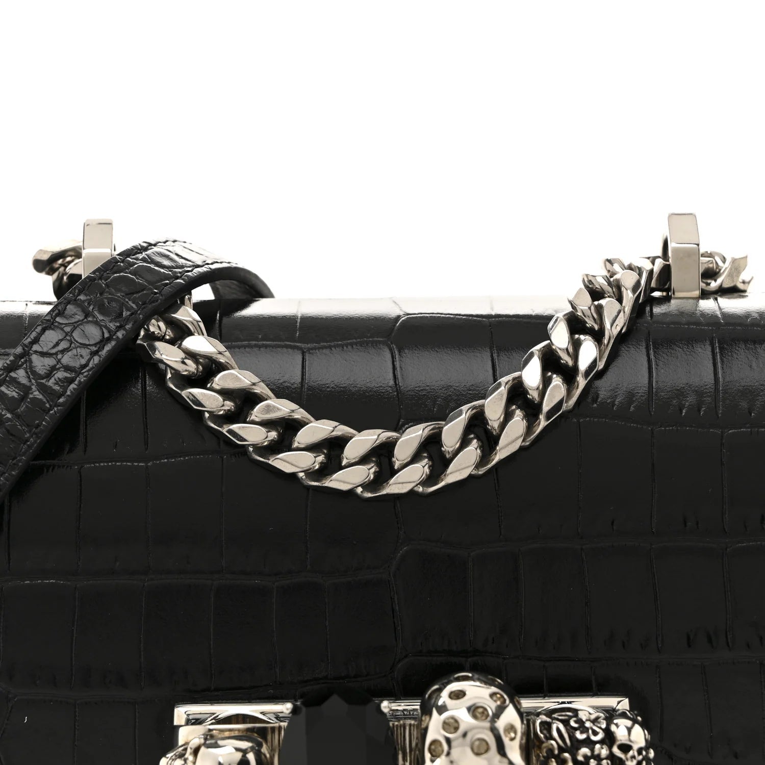 Shiny Calfskin Crocodile Embossed Mini Jeweled Satchel Black