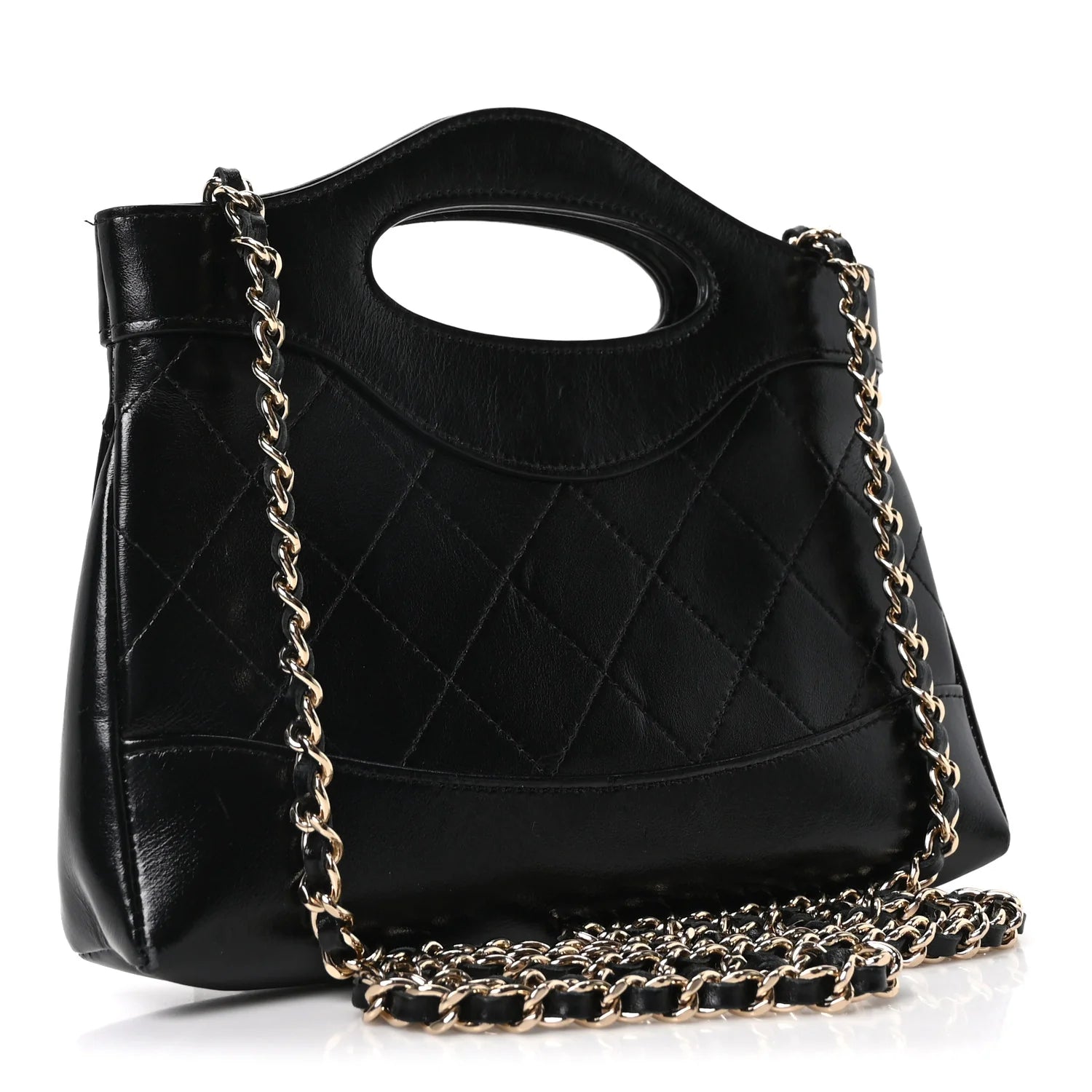 Shiny Crumpled Calfskin Quilted Nano 31 Shopping Bag Black