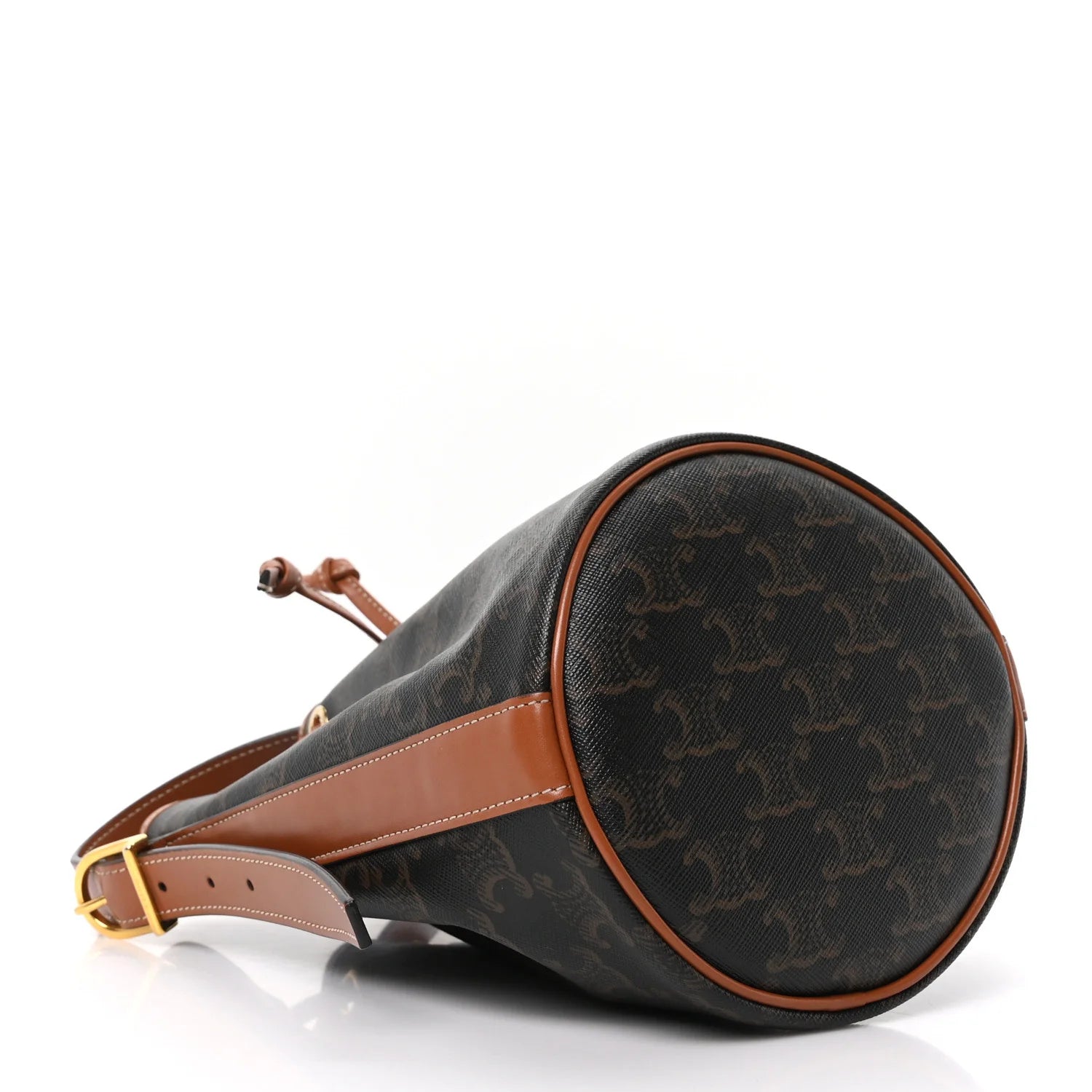 Triomphe Canvas Calfskin Small Drawstring Bucket Bag Tan