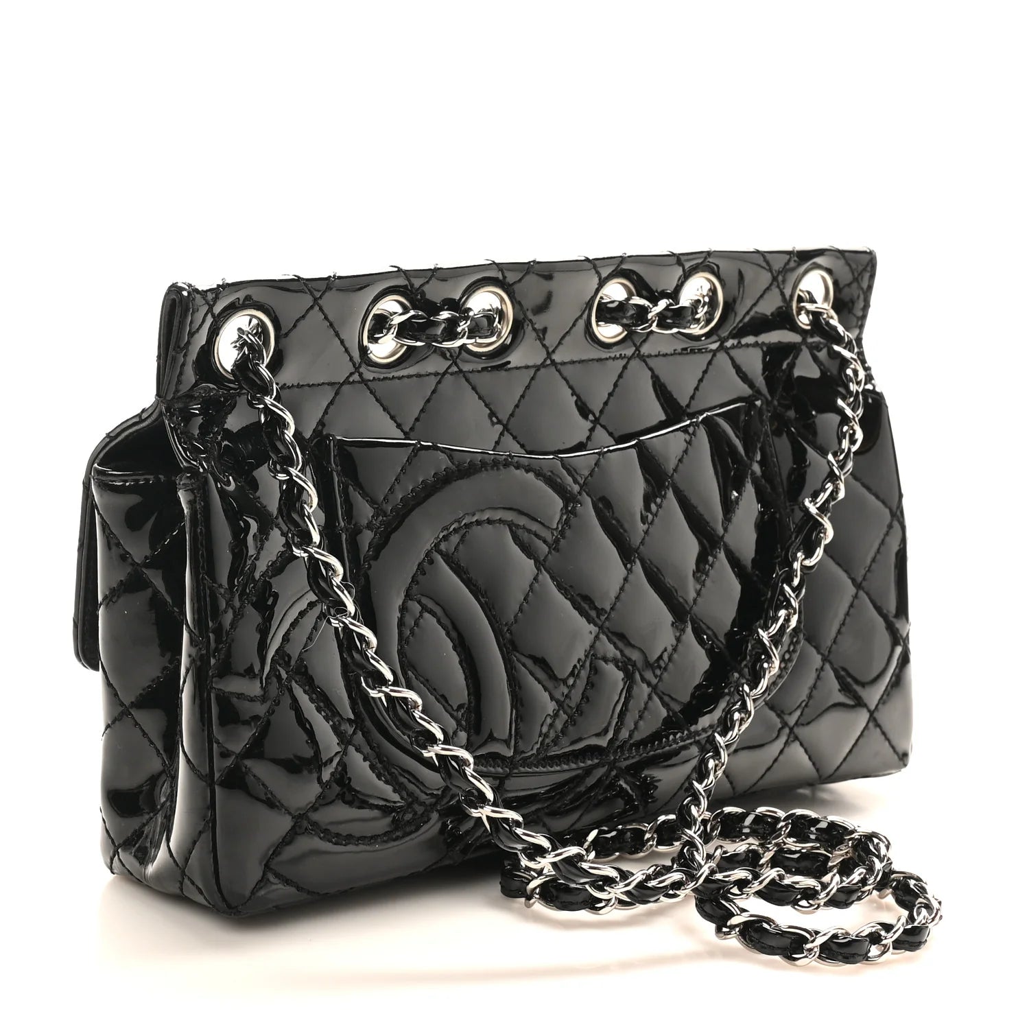 Patent Quilted Medium Diagonal CC Flap Black