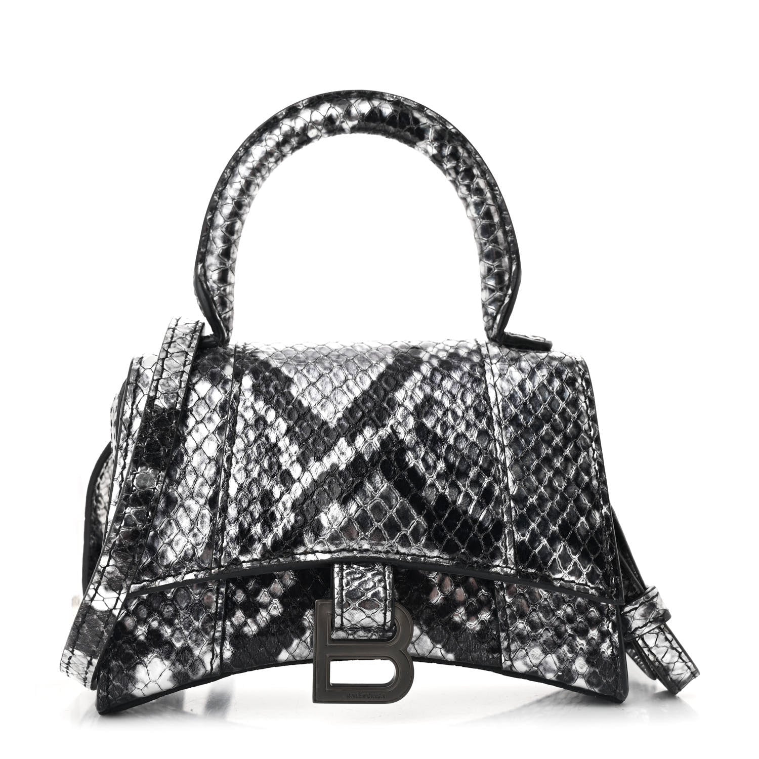 Shiny Calfskin Snakeskin Effect Hourglass Top Handle Bag Mini Silver Black