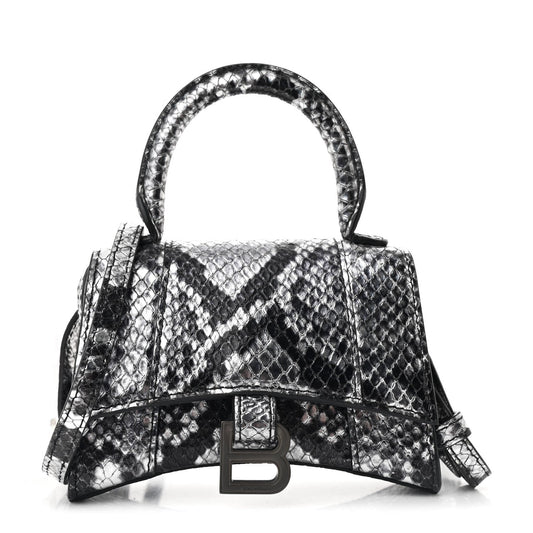 Shiny Calfskin Snakeskin Effect Hourglass Top Handle Bag Mini Silver Black