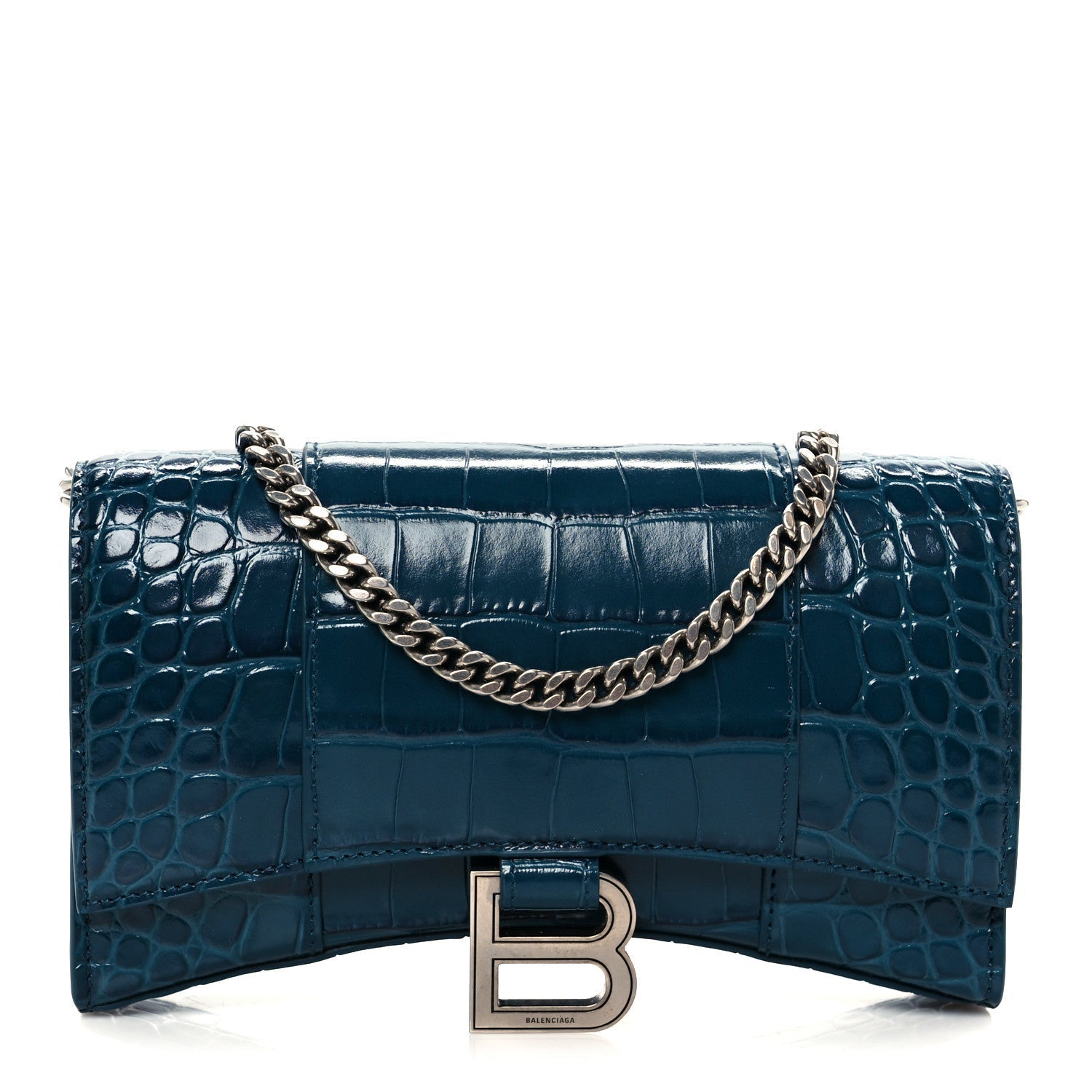 Shiny Calfskin Crocodile Embossed Hourglass Chain Bag Forest Green