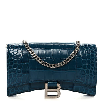 Shiny Calfskin Crocodile Embossed Hourglass Chain Bag Forest Green