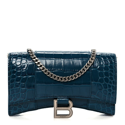 Shiny Calfskin Crocodile Embossed Hourglass Chain Bag Forest Green