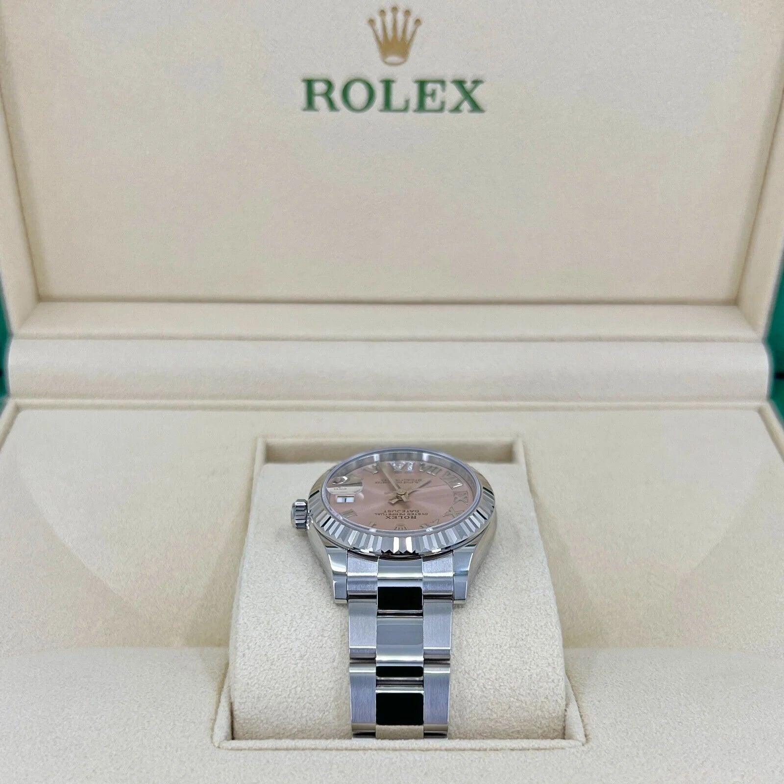 Datejust 31, Oystersteel and 18K White Gold with Diamonds, Pink Roman Dial, 31Mm, Fluted, Oyster, Ref# 278274-0023