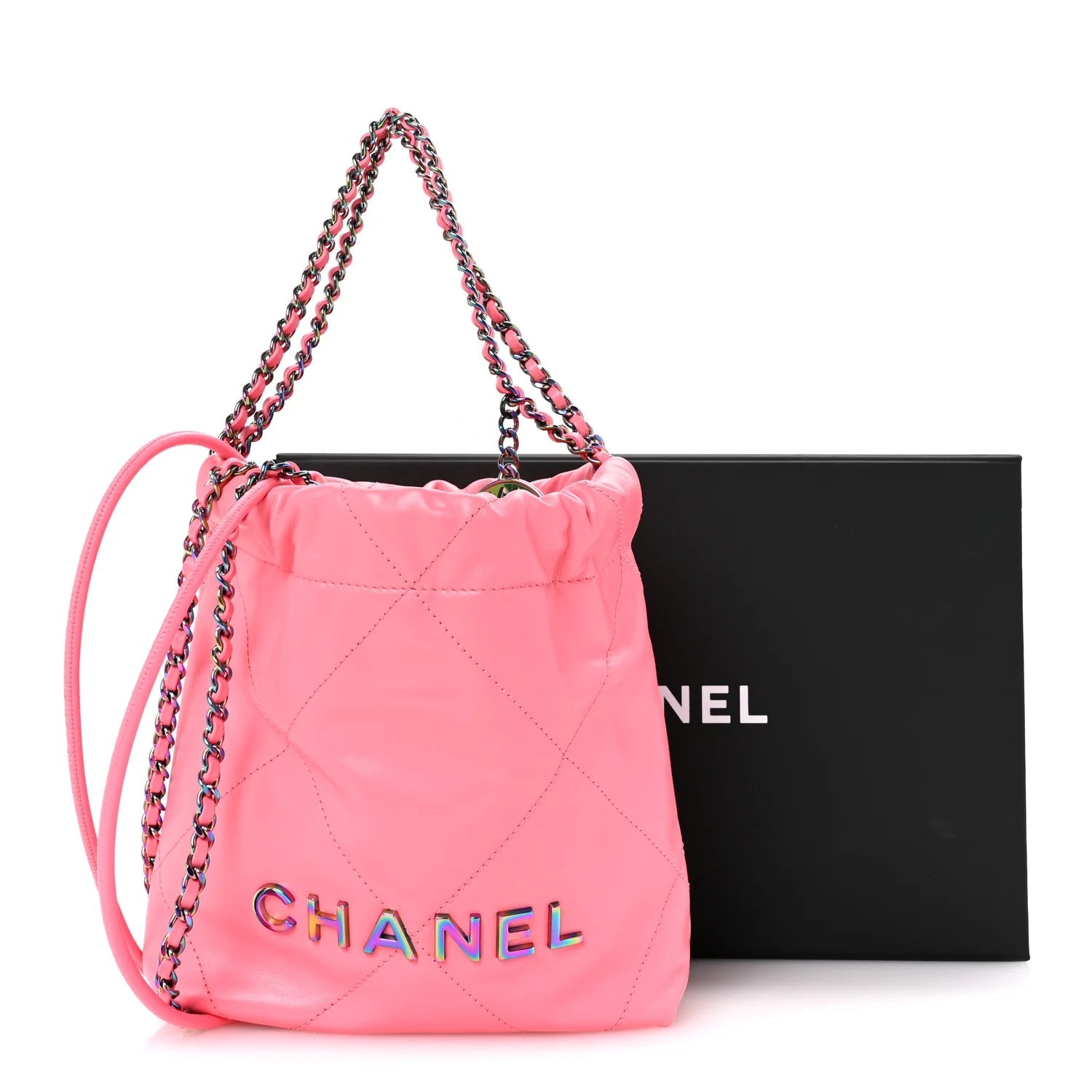 Shiny Calfskin Quilted Rainbow Metal Mini  22 Coral Pink