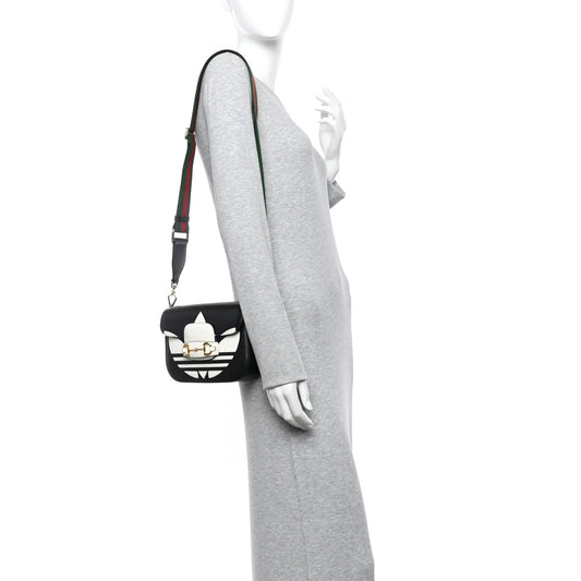 X adidas Textured Dollar Calfskin Web Trefoil Mini Horsebit 1955 Shoulder Bag Black off White