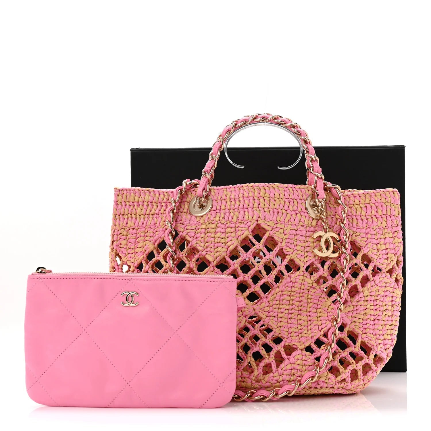 Raffia Effect Braided Small Shopping Bag Beige Pink