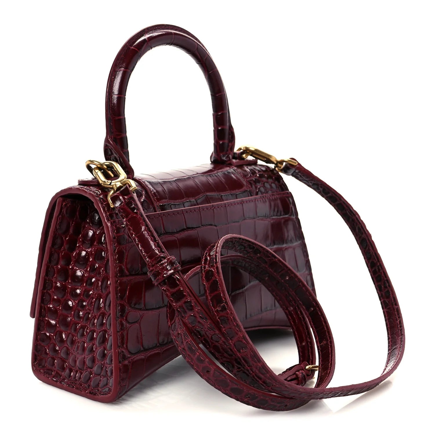Shiny Calfskin Crocodile Embossed Hourglass Top Handle Bag XS Dark Red