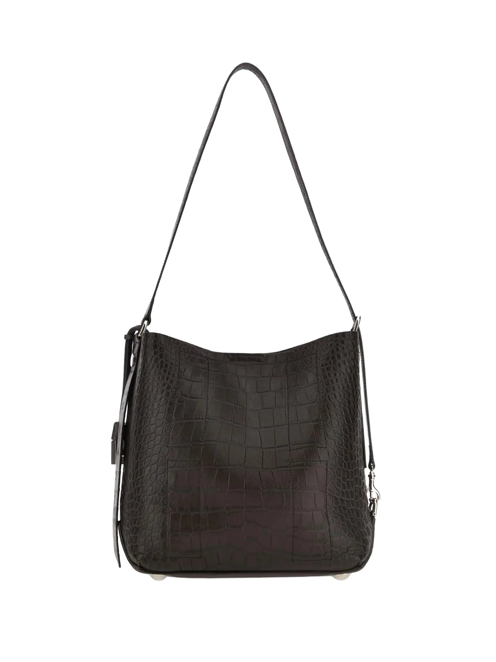 HOCKET SMALL HOBO BAG in CROCODILE-PRINT LEATHER, BLACK, VERSATILE ADJUSTABLE SHOULDER STRAP, MAGNETIC BUTTON CLOSURE,  LOGO EMBOSSED on the FRONT.
