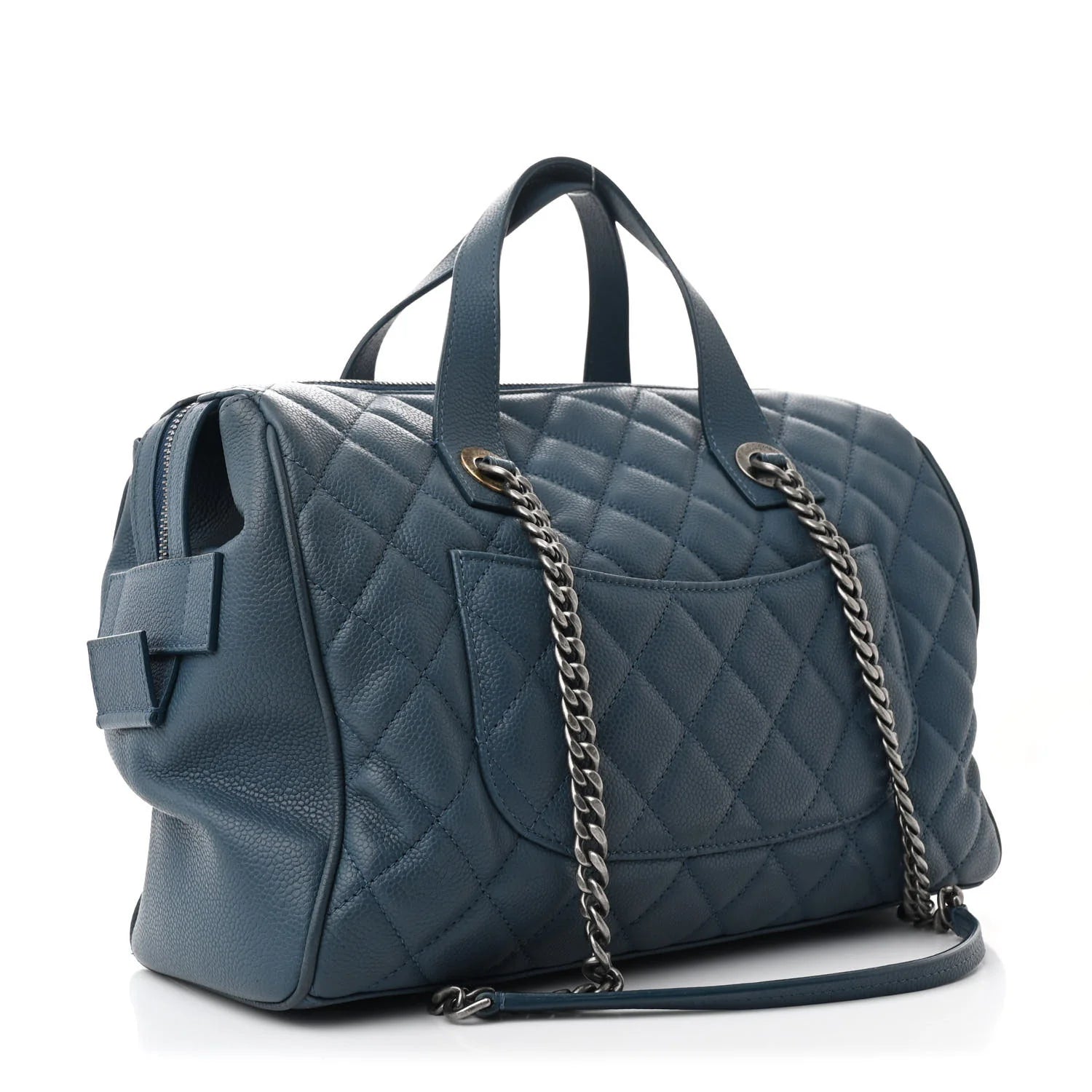 Grained Calfskin Quilted Large Casual Pocket Bowling Bag Blue