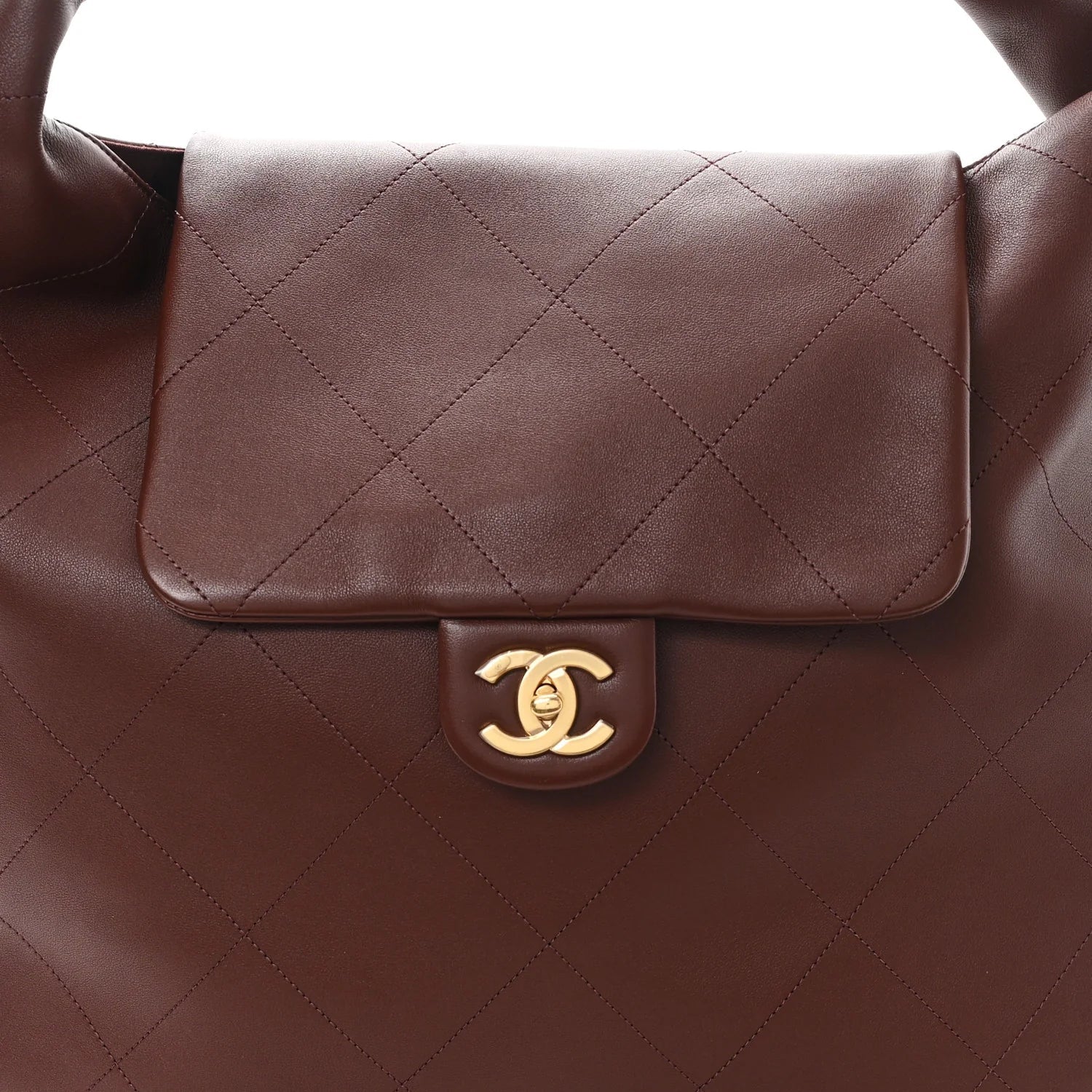 Shiny Calfskin Quilted Maxi Chain Hobo Dark Brown