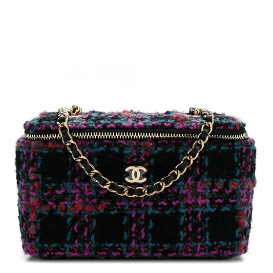 Tweed Quilted Small Vanity Case with Chain Black Purple Green Red